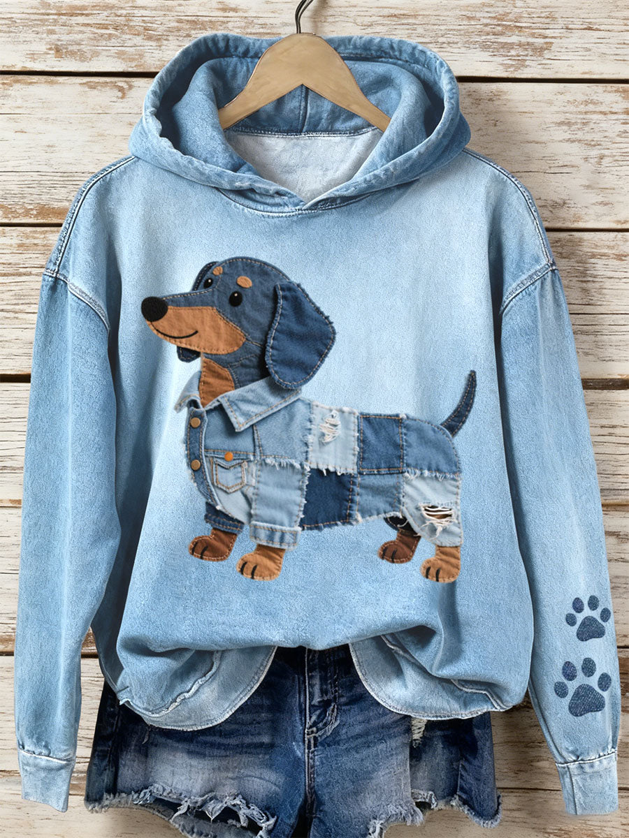 Mujer Denim Patchwork Art Dachshund Pattern Hoodie