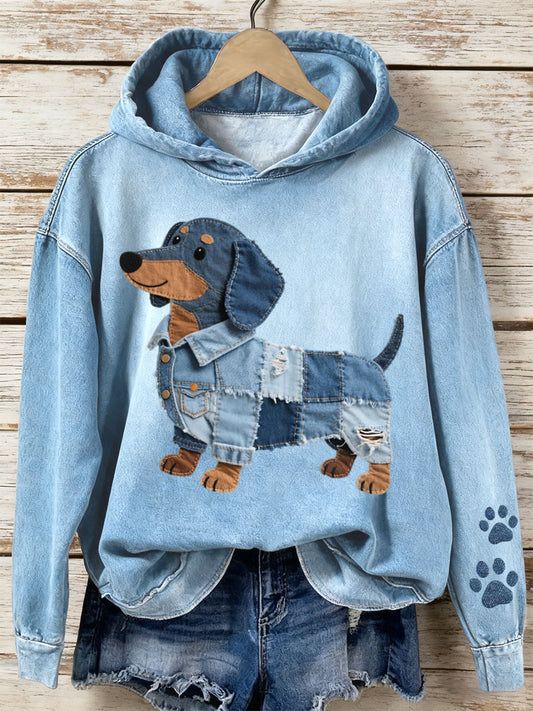 Mujer Denim Patchwork Art Dachshund Pattern Hoodie