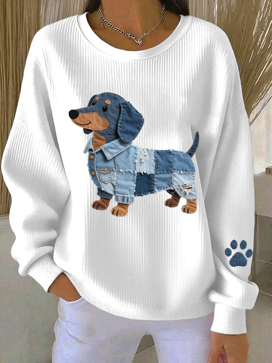 Mujer Denim Patchwork Art Dachshund Patrón Sudadera