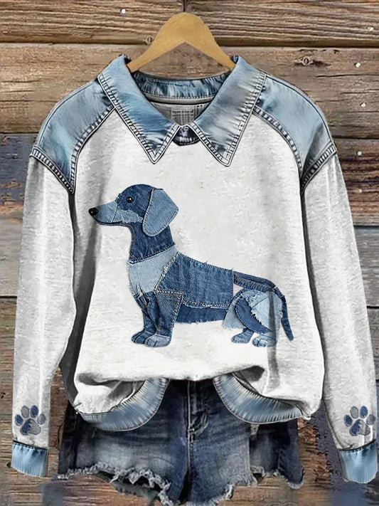 Mujer Cowboy Collage Animal Impreso Denim Patchwork Solapa Sudadera de manga larga