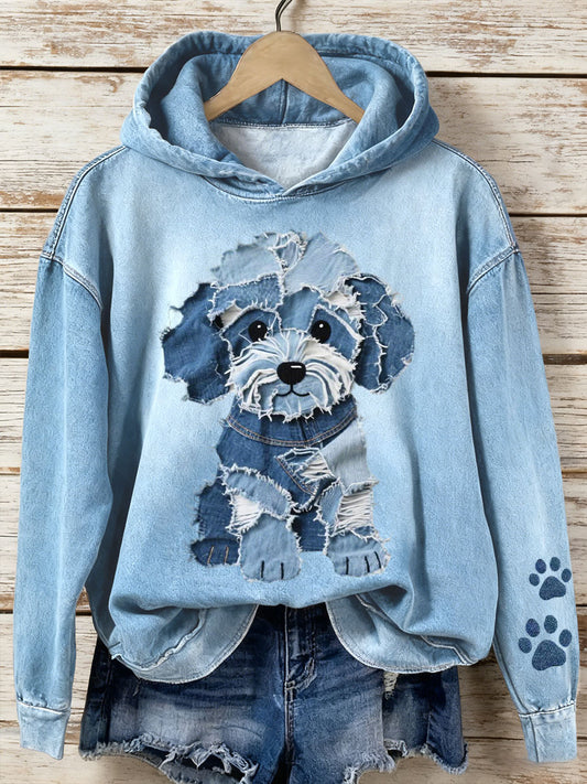 Mujer Denim Patchwork Art Lovely Dog Pattern Hoodie