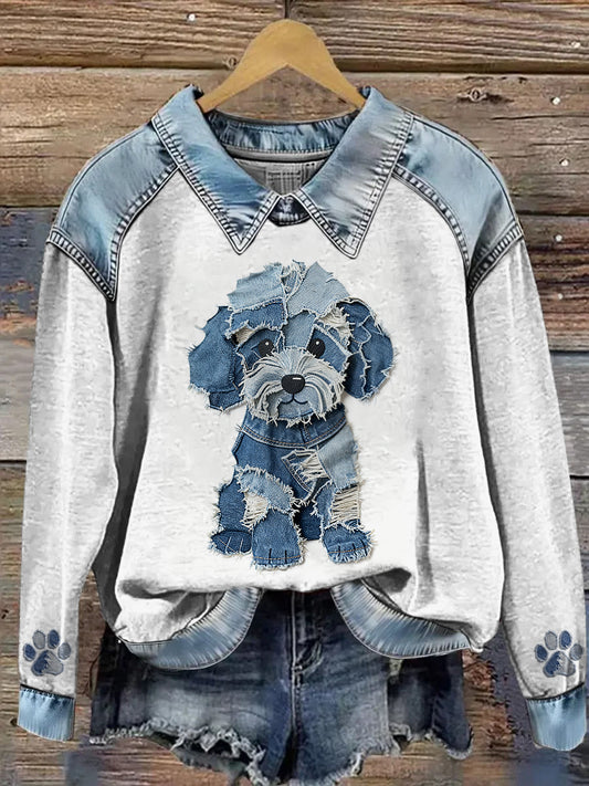 Mujer Cowboy Collage Animal Impreso Denim Patchwork Solapa Sudadera de manga larga