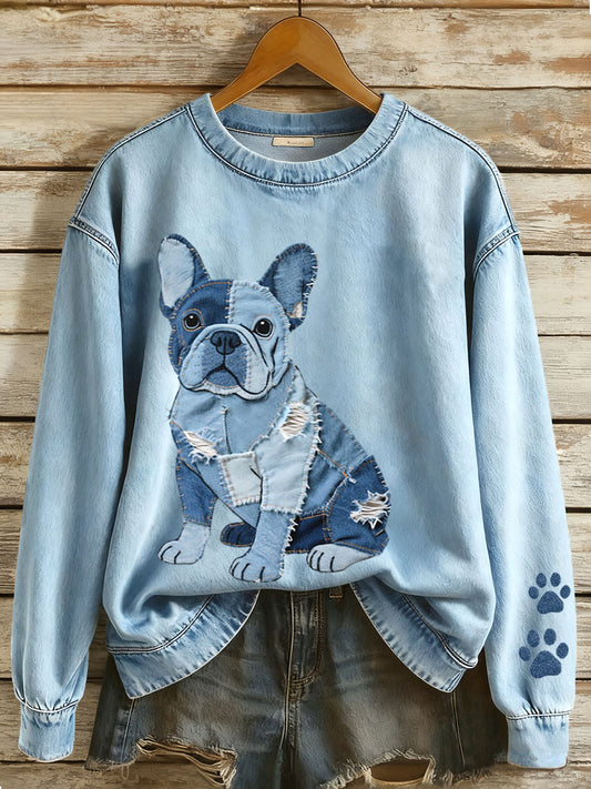 Mujer Denim Patchwork Art French Bulldog Patrón Sudadera