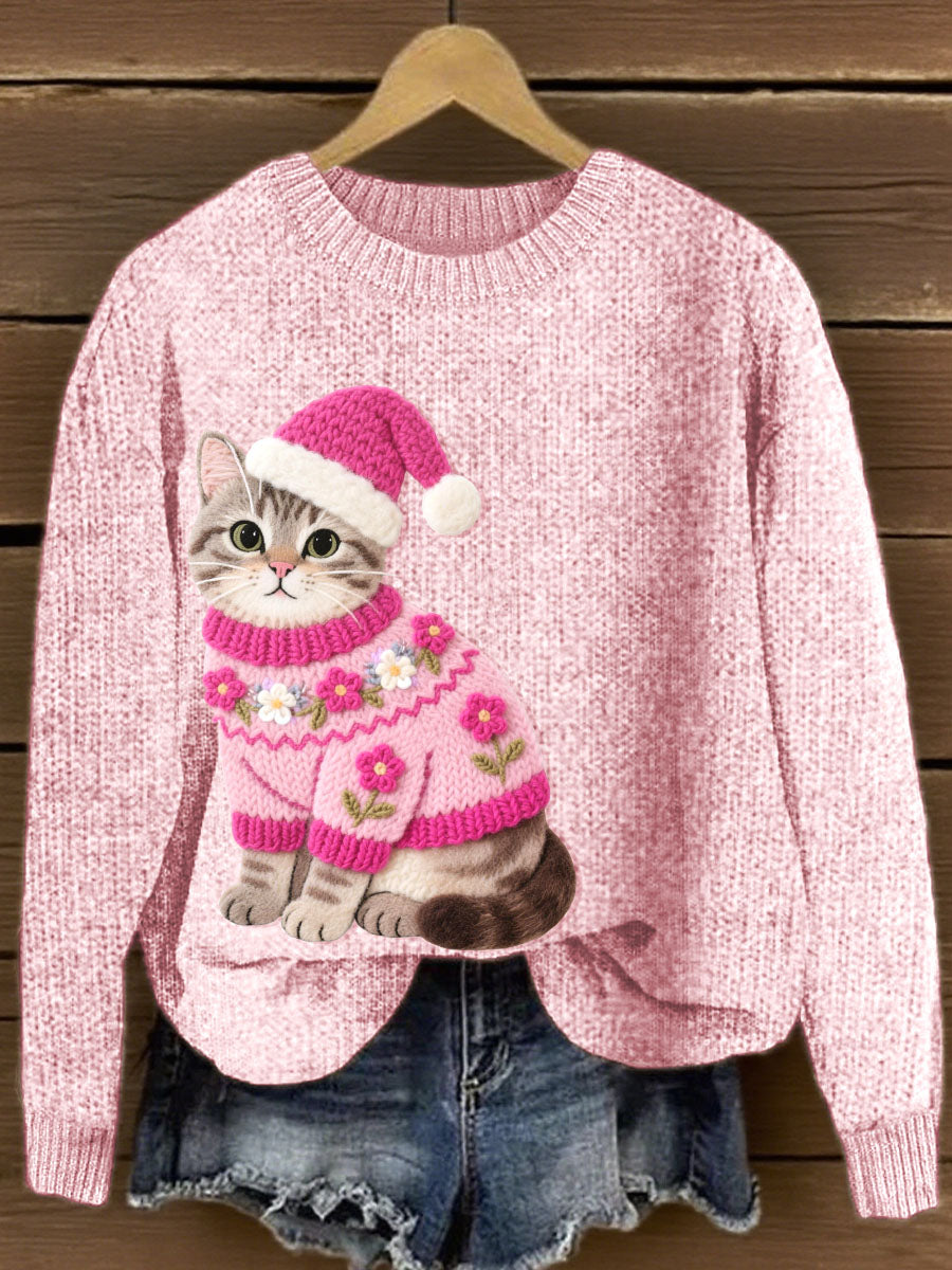 Encantador Gato Crochet Patrón Cozy Knit Sweater de mujer