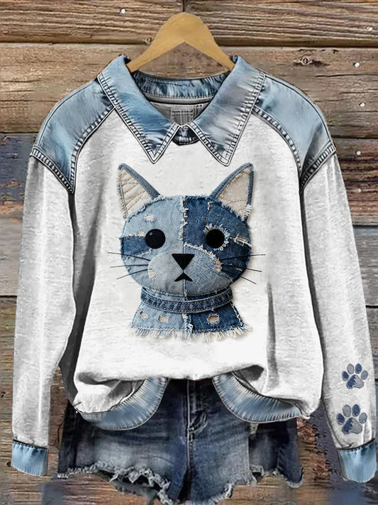 Mujer Cowboy Collage Animal Impreso Denim Patchwork Solapa Sudadera de manga larga