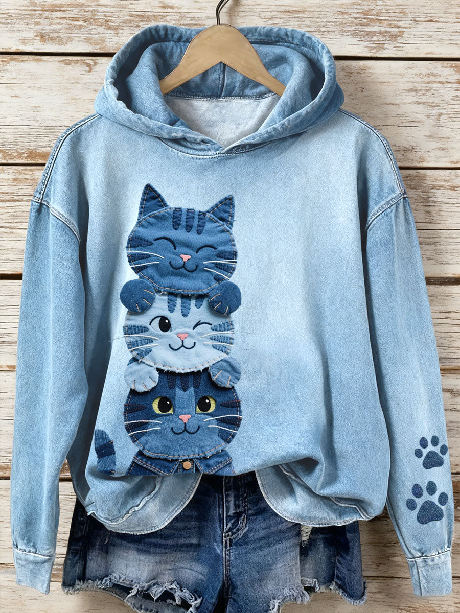 Mujer Denim Patchwork Art Cat Pattern Hoodie