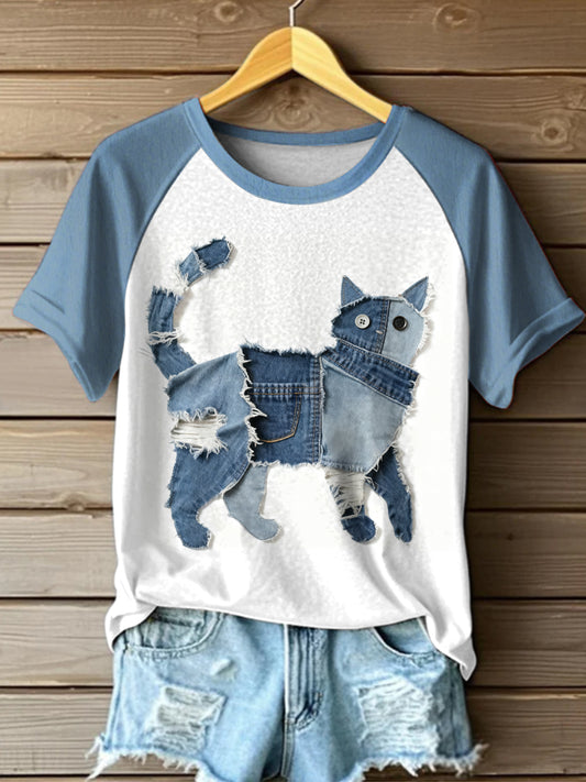 Vaquero collage animal impreso vintage moda suelta camiseta de manga corta de las mujeres