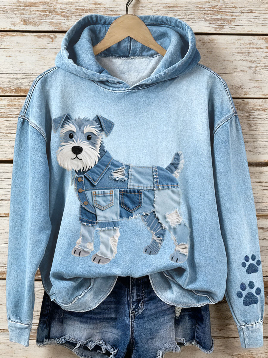 Mujer Denim Patchwork Art Schnauzer Dog Pattern Hoodie
