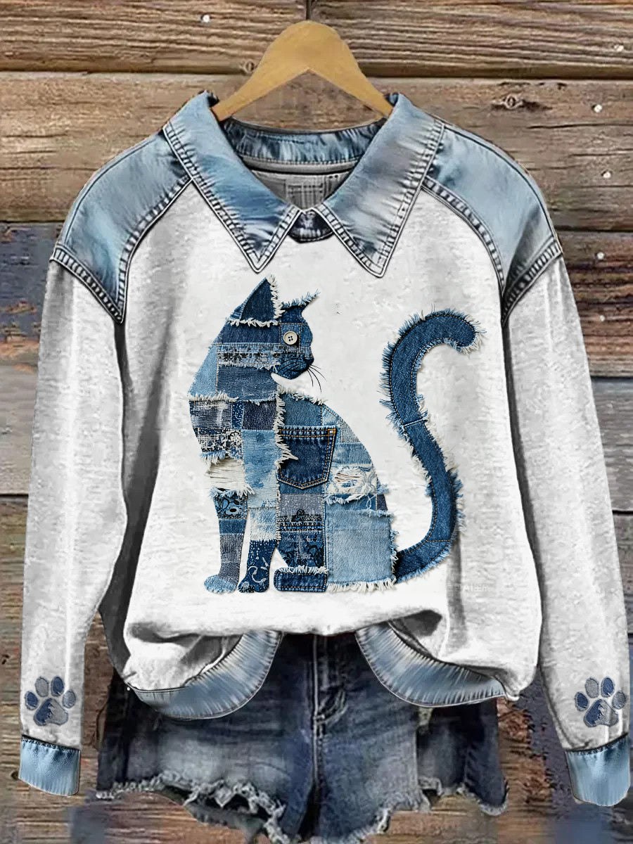 Mujer Cowboy Collage Animal Impreso Denim Patchwork Solapa Sudadera de manga larga