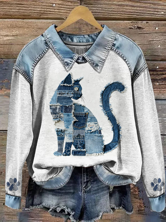 Mujer Cowboy Collage Animal Impreso Denim Patchwork Solapa Sudadera de manga larga