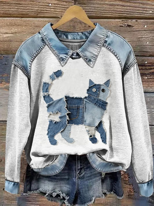 Mujer Cowboy Collage Animal Impreso Denim Patchwork Solapa Sudadera de manga larga