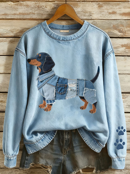 Mujer Denim Patchwork Art Dachshund Patrón Sudadera