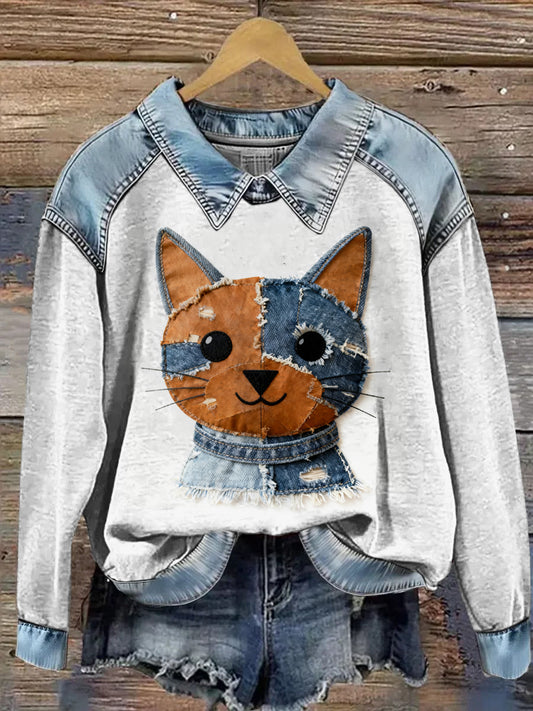 Mujer Cowboy Collage Animal Impreso Denim Patchwork Solapa Sudadera de manga larga