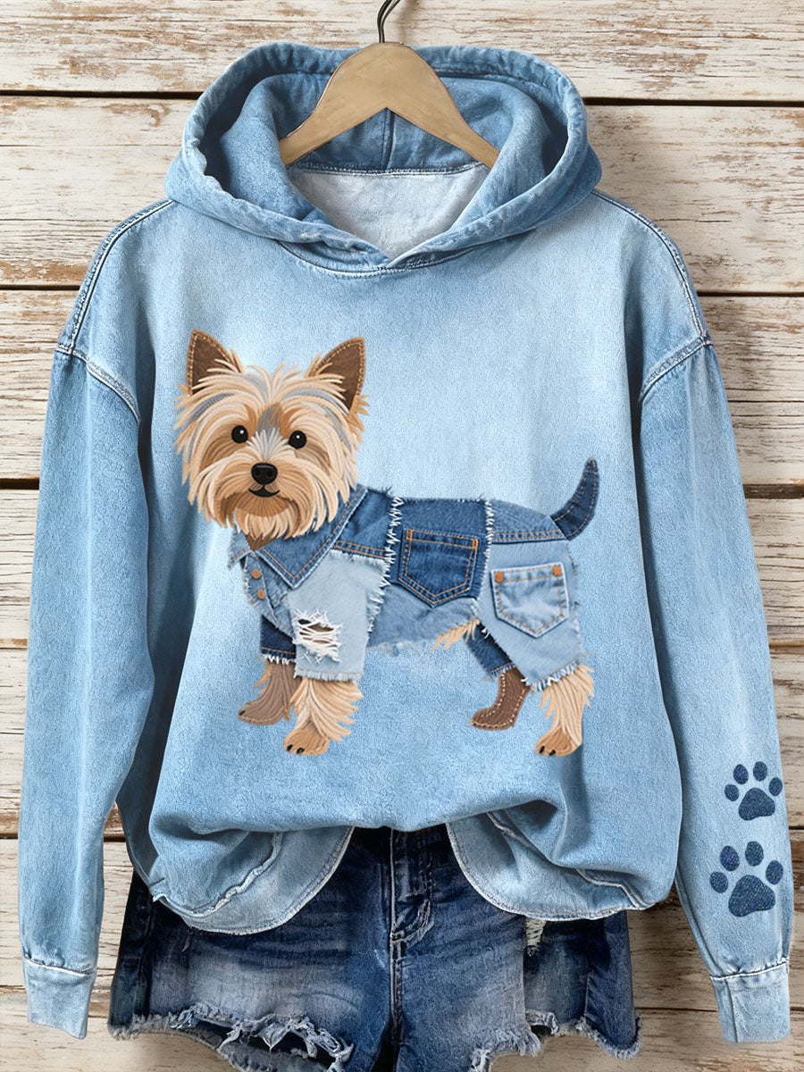 Mujer Denim Patchwork Art Yorkshire Terrier Dog Pattern Hoodie