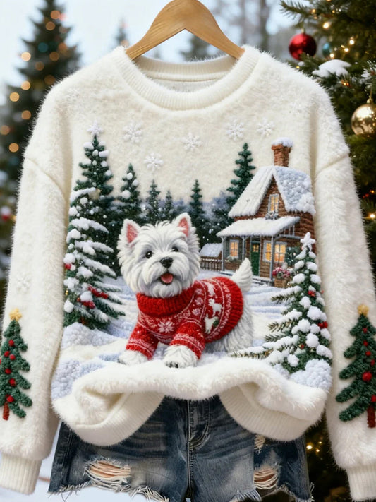 Top casual de franela con estampado de arte navideño de animales retro para mujer