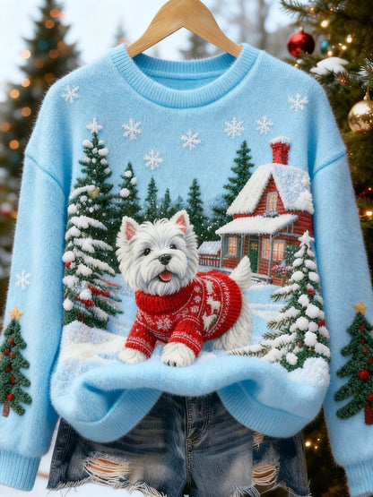 Top casual de franela con estampado de arte navideño de animales retro para mujer