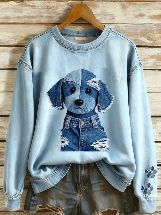 Mujer Animal Cowboy Patchwork Impreso Cuello redondo Sudadera de manga larga