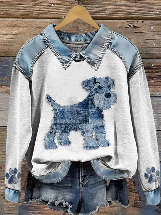 Sudadera de manga larga con estampado animal Denim Patchwork de solapa para mujer