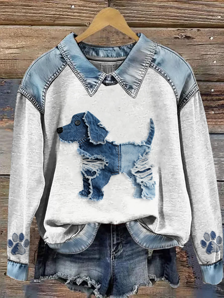 Sudadera de manga larga con estampado animal Denim Patchwork de solapa para mujer