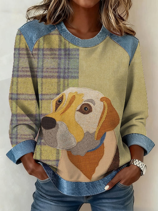 Mujeres retro perro impresión perro mamá perro amantes regalo Denim Patchwork Top
