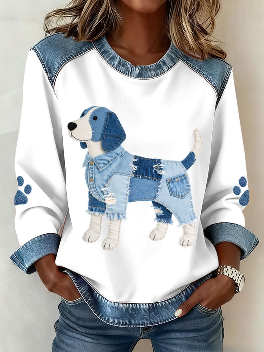 Mujer encantadora Beagle perro patrón Denim Patchwork sudadera