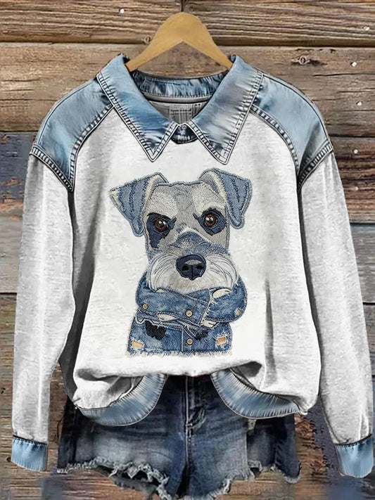 Sudadera de manga larga con estampado animal Denim Patchwork de solapa para mujer