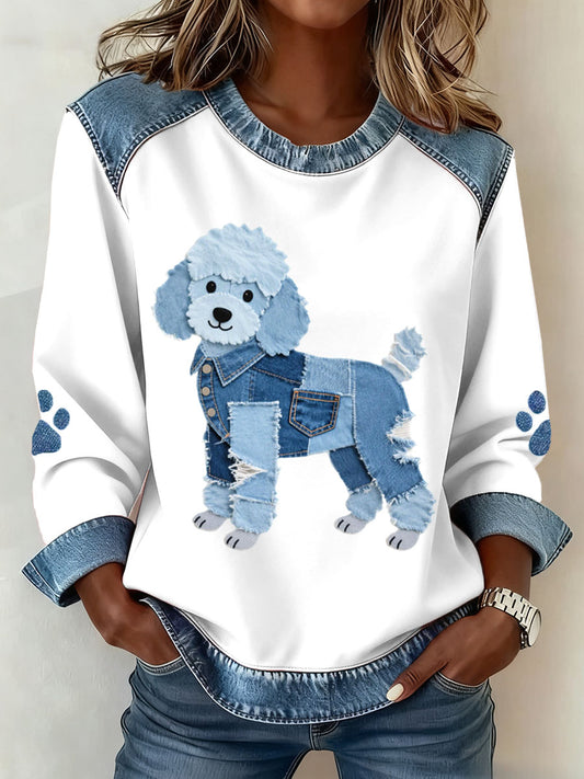 Sudadera encantadora del remiendo del dril de algodón del patrón del perro del caniche de las mujeres