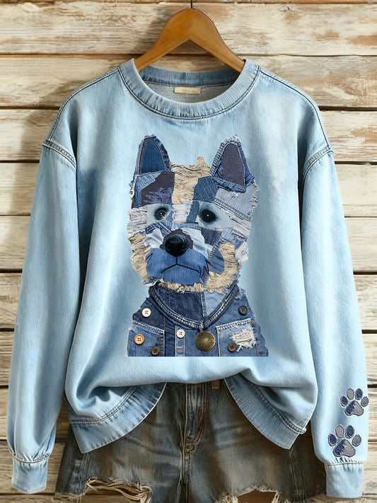 Mujer Animal Cowboy Patchwork Impreso Cuello redondo Sudadera de manga larga