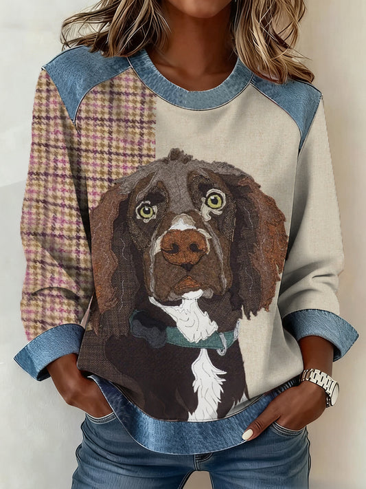 Mujeres retro perro impresión perro mamá perro amantes regalo Denim Patchwork Top