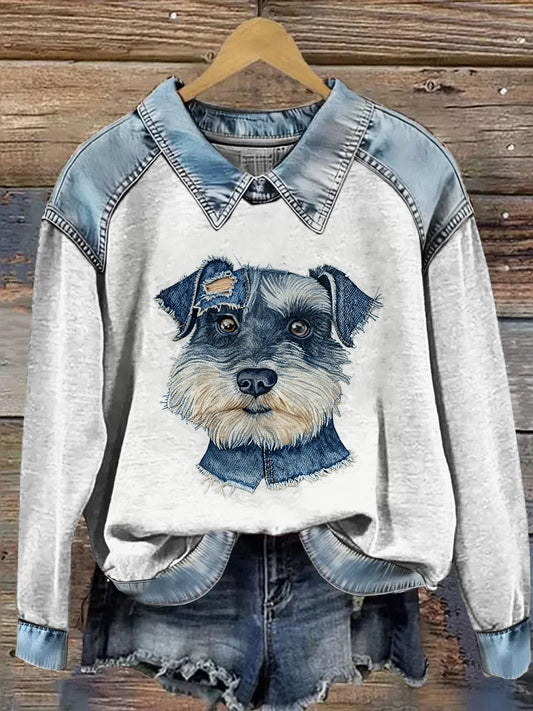 Sudadera de manga larga con estampado animal Denim Patchwork de solapa para mujer