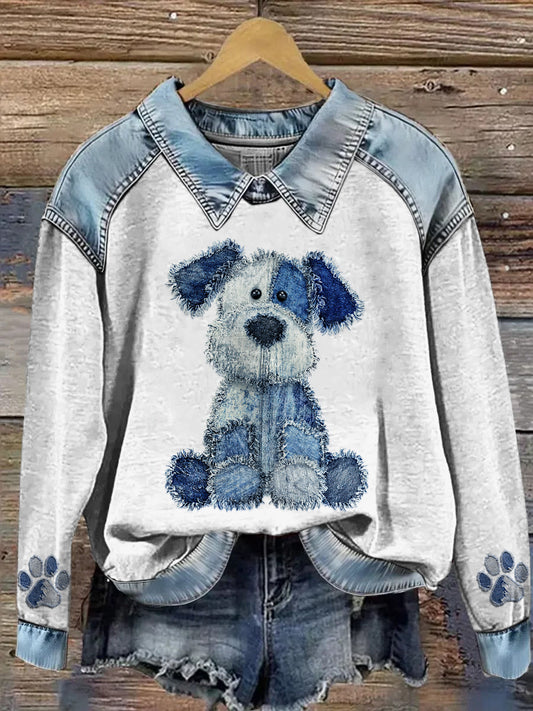 Sudadera de manga larga con estampado animal Denim Patchwork de solapa para mujer
