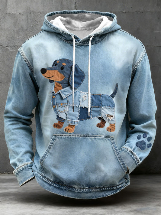 Hombres Denim Patchwork Art Dachshund Patrón Hoodie