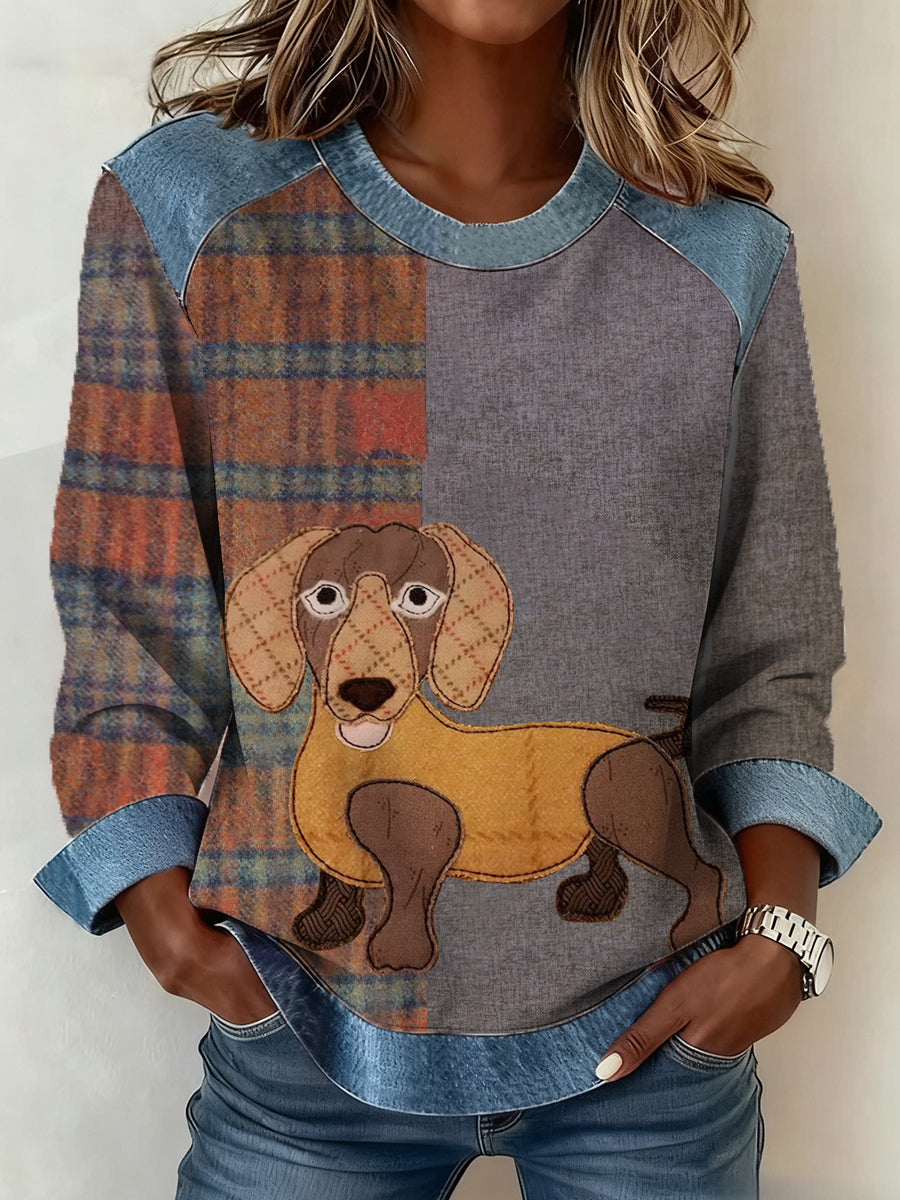 Retro de las mujeres Dachshund impresión perro mamá perro amantes regalo Denim Patchwork Top
