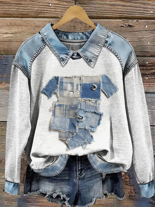 Sudadera de manga larga con estampado animal Denim Patchwork de solapa para mujer