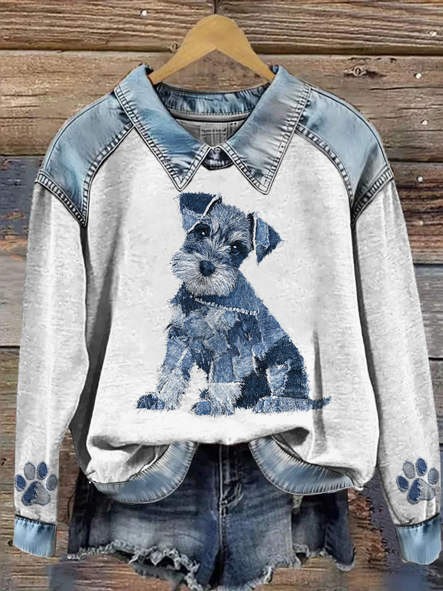 Sudadera de manga larga con estampado animal Denim Patchwork de solapa para mujer
