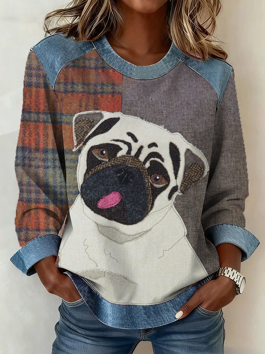 Mujeres retro perro impresión perro mamá perro amantes regalo Denim Patchwork Top