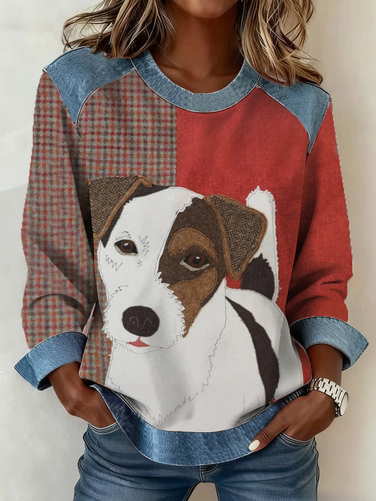Mujeres retro perro impresión perro mamá perro amantes regalo Denim Patchwork Top
