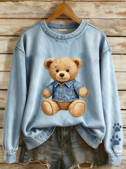 Retro Denim Patchwork Animal Art Print Casual Comfort Sudadera de manga larga para mujer