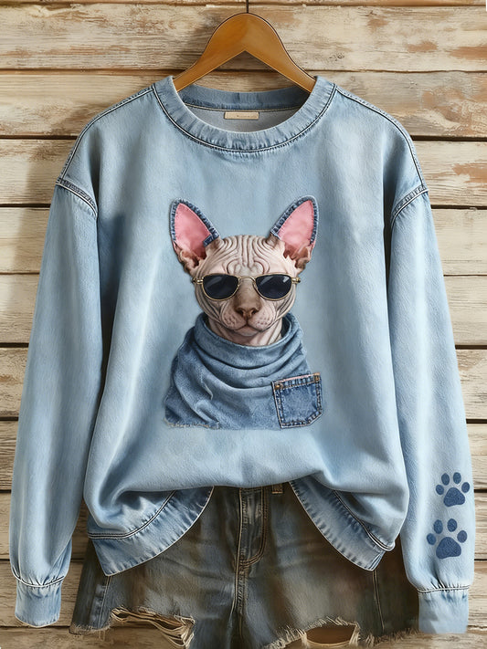 Retro Denim Patchwork Animal Art Print Casual Comfort Sudadera de manga larga para mujer