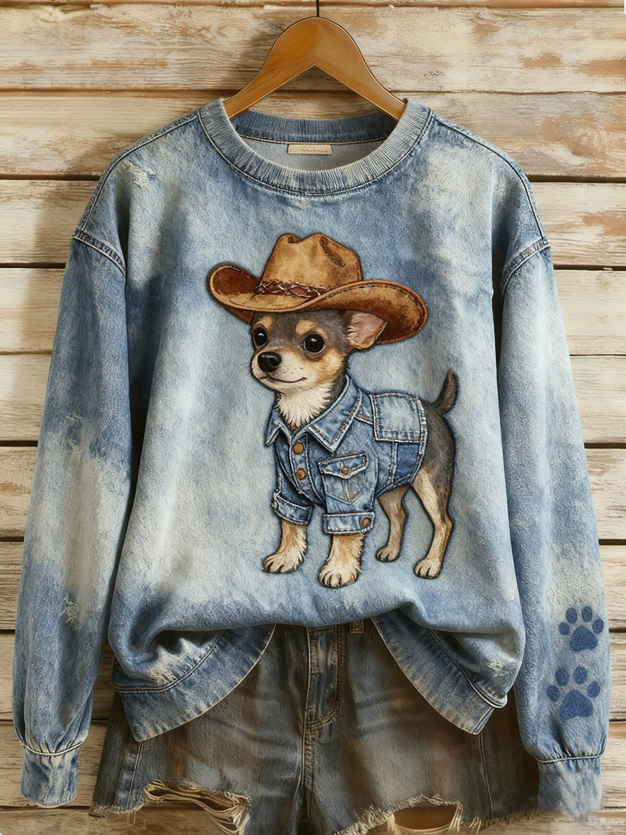 Retro Denim Patchwork Animal Art Print Casual Comfort Sudadera de manga larga para mujer