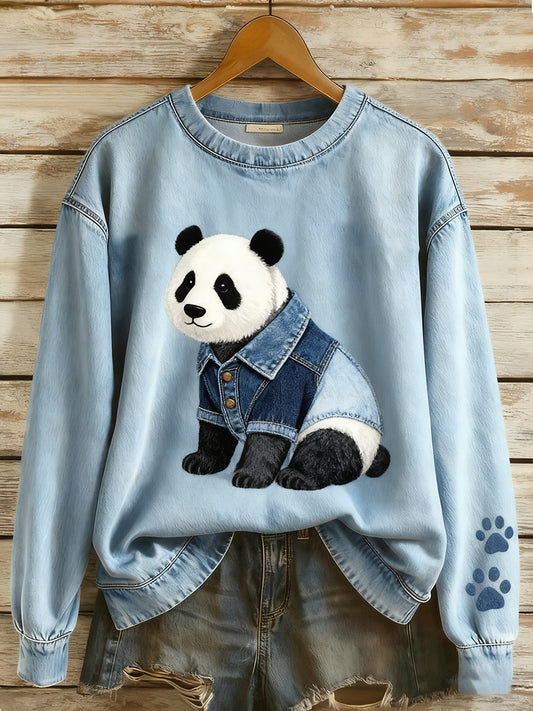 Retro Denim Patchwork Animal Art Print Casual Comfort Sudadera de manga larga para mujer
