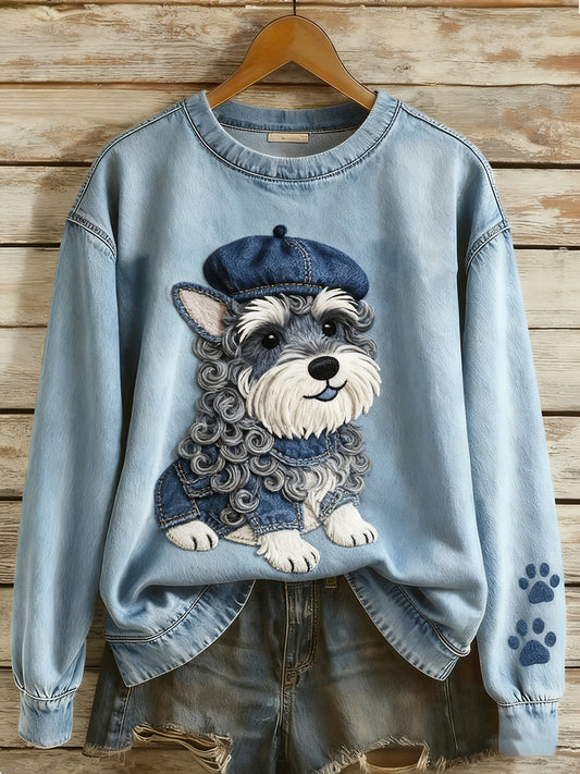 Retro Denim Patchwork Animal Art Print Casual Comfort Sudadera de manga larga para mujer