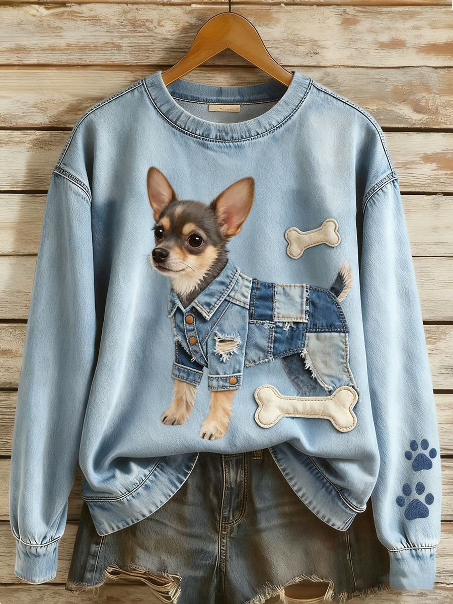 Retro Denim Patchwork Animal Art Print Casual Comfort Sudadera de manga larga para mujer