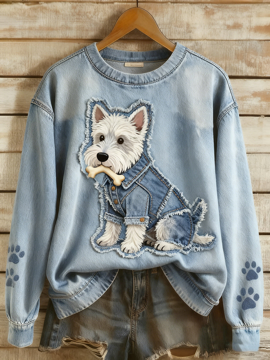Retro Denim Patchwork Animal Art Print Casual Comfort Sudadera de manga larga para mujer
