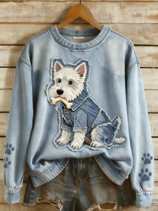 Retro Denim Patchwork Animal Art Print Casual Comfort Sudadera de manga larga para mujer