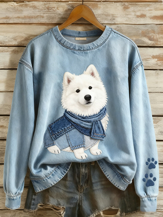 Retro Denim Patchwork Animal Art Print Casual Comfort Sudadera de manga larga para mujer