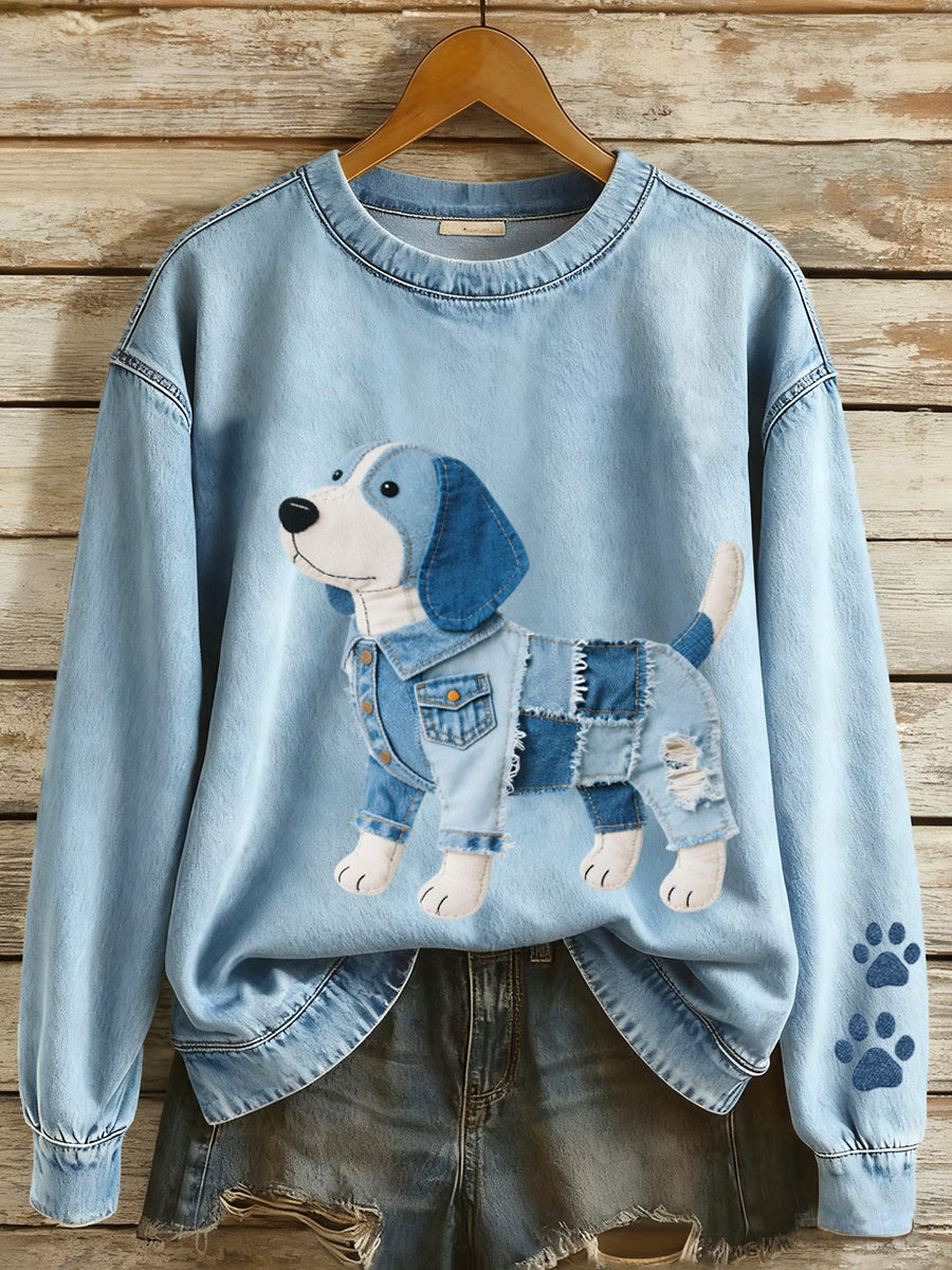 Mujer Denim Patchwork Art Beagle Perro Patrón Sudadera