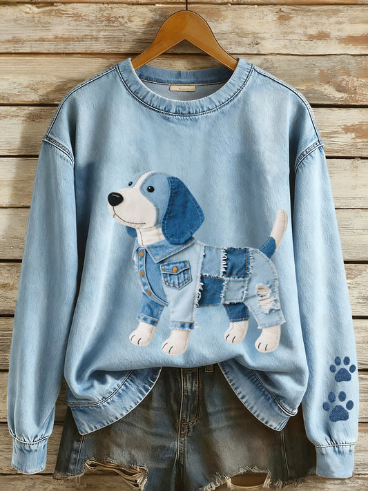 Mujer Denim Patchwork Art Beagle Perro Patrón Sudadera