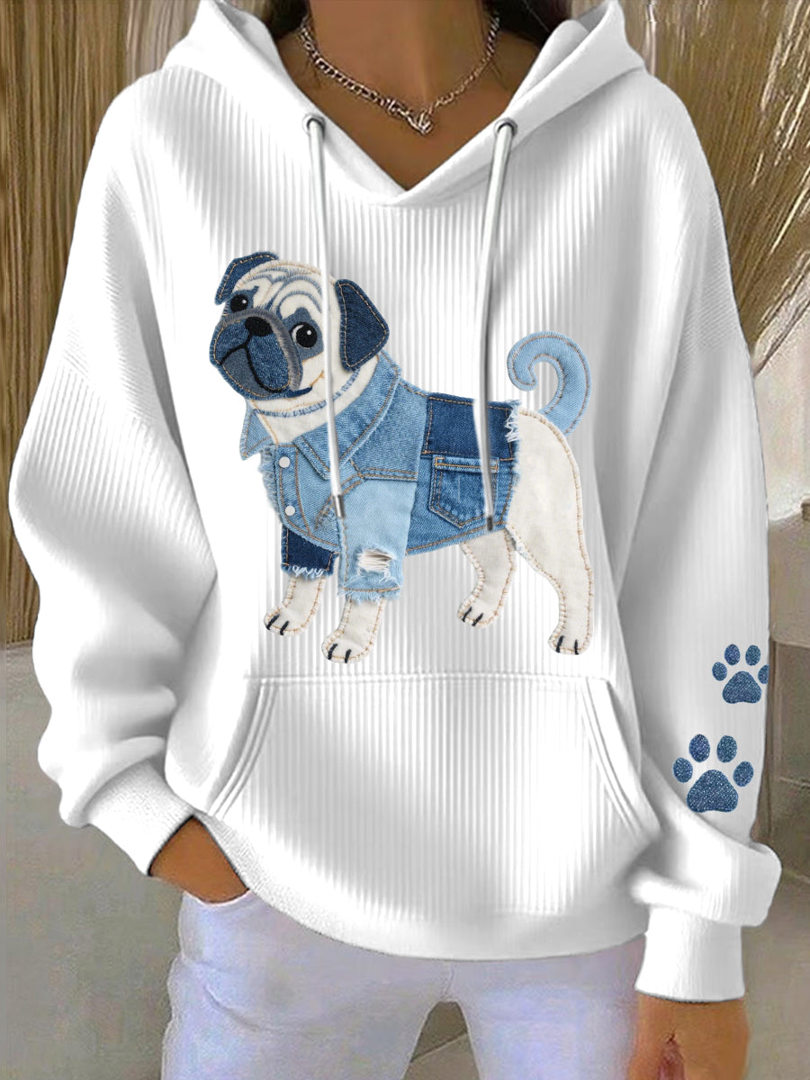 Denim Patchwork Art Pug Dog Pattern Sudadera con capucha para mujer