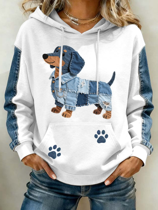 Encantador Dachshund Patrón Denim Patchwork Art Hoodie de las mujeres